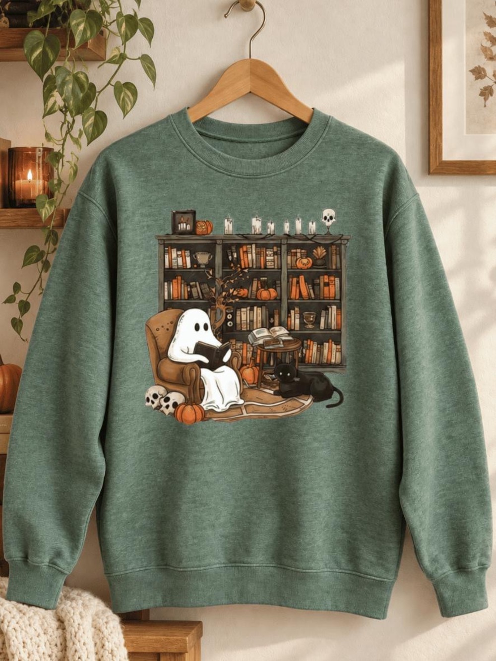 Reading Ghost Heather Dark Green Sweatshirt, Unisex Crewneck Halloween Sweater